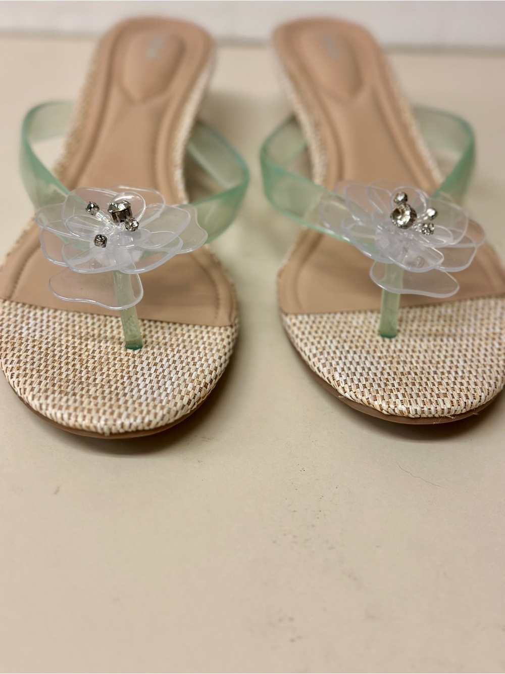 MIA Translucent Mint Floral Thong Sandals with Kitten Heels,Clear Flower Accents